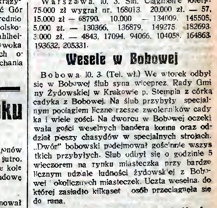 Kraków’s Jewish daily Nowy Dziennik, 12 March 1931: short report headed Wesele w Bobowej (Wedding in Bobowa) on the Halberstam, Stempel wedding