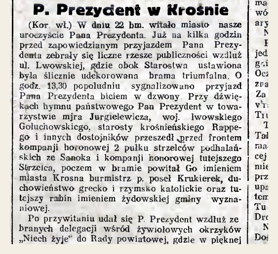 Kraków’s Jewish daily Nowy Dziennik, 27 July 1929, report headed P. Prezydent w Krośnie
