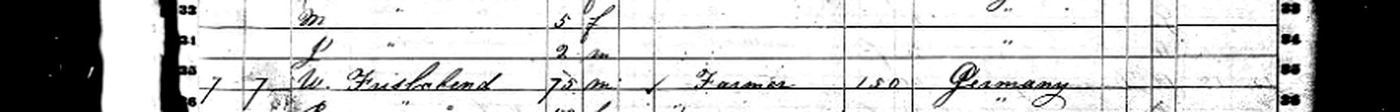 Cropped 1850 Lumberland census line for a 75-year-old Frislabend farmer born in Germany, with R. and D. in the same household