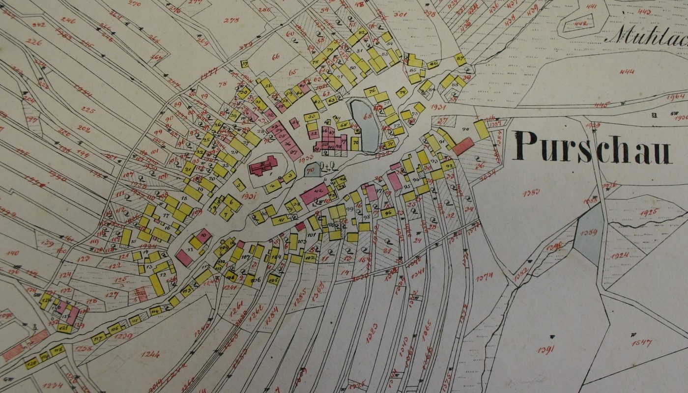 1838 cadastral map of Purschau with numbered houses