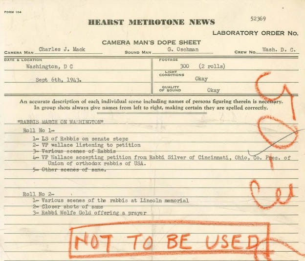Hearst Metrotone News cameraman’s dope sheet for the Rabbis’ March, Washington, D.C., stamped NOT TO BE USED